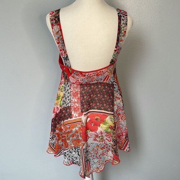 Donna sheer ruffled, asymmetrical tank top.  Cottagecore. Small. Floral Print. - Picture 3 of 5
